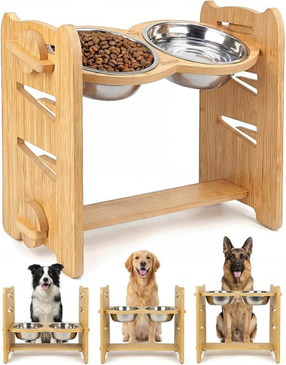 Elevated Dog Bowls, Adjustable Raised Dog Bowl Stand for Medium Large Size Dogs, 15°Tilted Elevated Dog Bowls, Durable Bamboo Dogs Feeder with 2 Stainless Steel Bowls and Non-Slip Feet