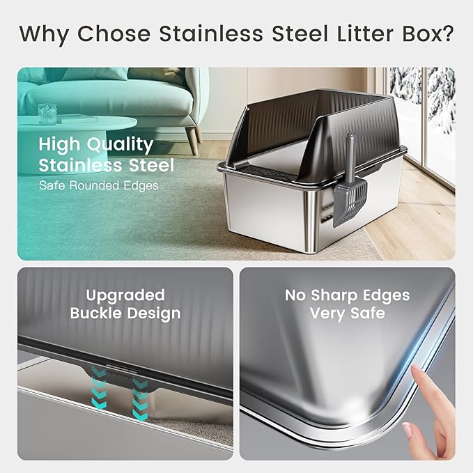 Tripamin 15” XL Stainless Steel Cat Litter Box Enclosure, XXL Stainless Steel High Sides with Lid, Extra Large Metal Cat Litter Box (Transluce+Black, 2-pcs XX-Large)