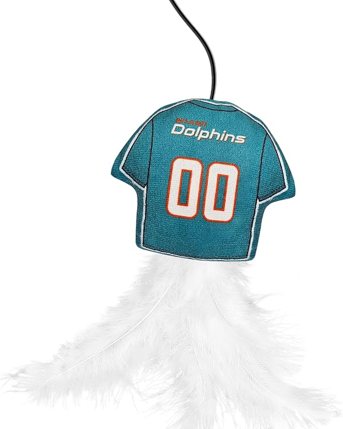 NFL Miami Dolphins Team Jersey Wand with CAT NIP, Cat Toy Jersey Shaped Plush Teaser Toy for Cats & Kittens - Interactive Pet Toy for Play & Exercise