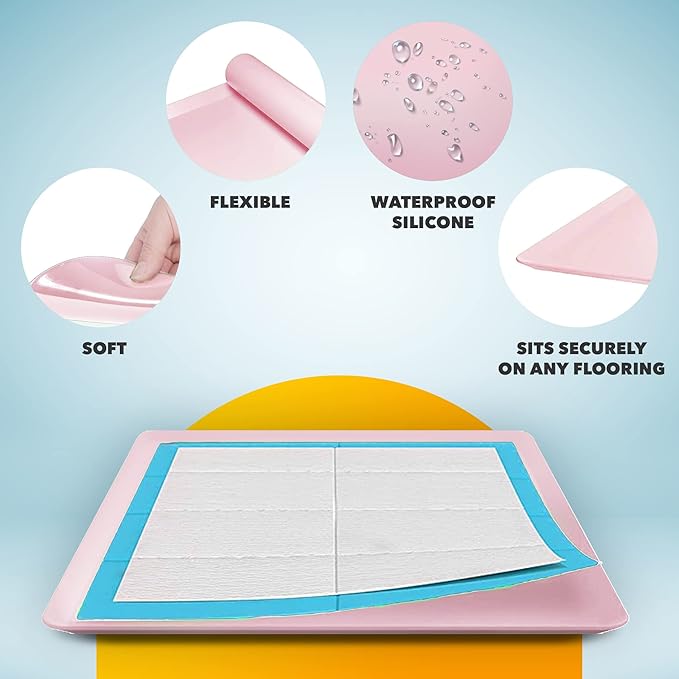 TidyFriend 2 Pack Dog Pee Pad Holder Tray - Fits Up to 24” x 24” Pee Pad Holder for Dogs - Stable Grip, Raised Edges, Quick-Wipe Silicone Surface Dog Pad Holder for Indoor Flooring Protection (Rose)
