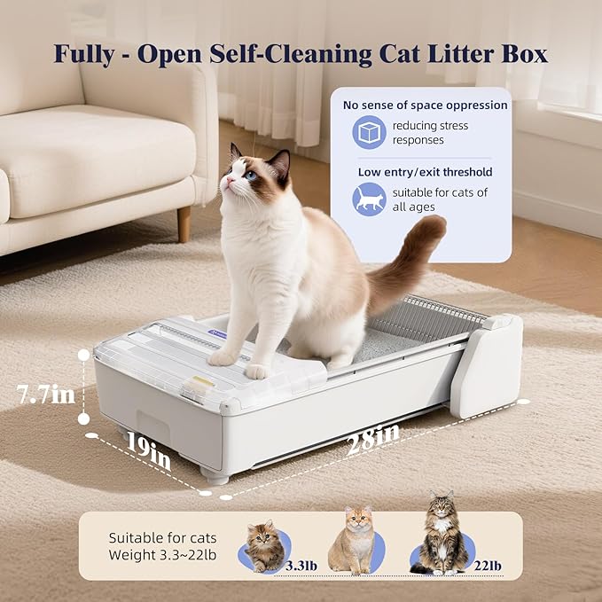 Robotail Open Top Automatic Litter Box, Self Cleaning Cat Litter Box with Roomy Space+Vis Waste Bin, XXL Fully Open Cat Box for Multi Cats, Include 5Lb Compatible Cassava Litter