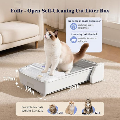 Robotail Open Top Automatic Litter Box, Self Cleaning Cat Litter Box with Roomy Space+Vis Waste Bin, XXL Fully Open Cat Box for Multi Cats, Include 5Lb Compatible Cassava Litter