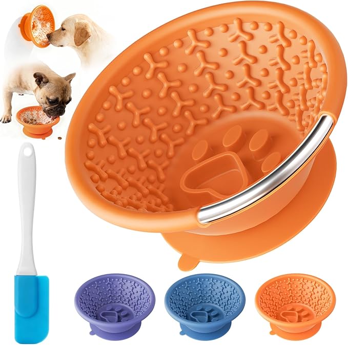Dog Lick Bowl, Non-Slip Slow Feeder Licking Mat & Treat Dispenser (Wide Bowl Mouth w/Inlaid Stainless Steel Ring) - Interactive Toys, Anxiety Reducer, Freeze Bone for Dogs, BPA Free Silicone
