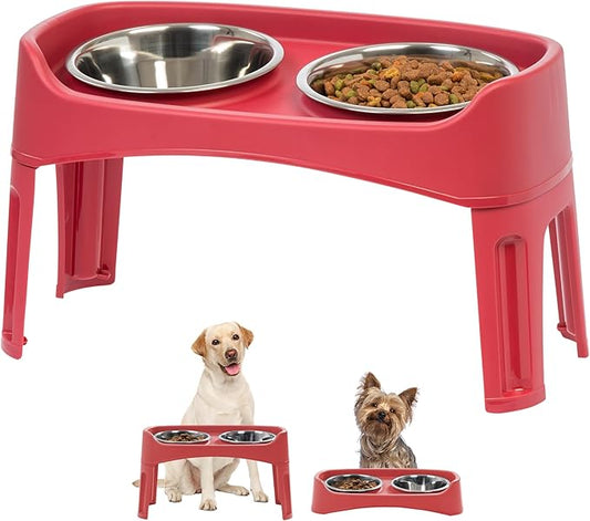 IRIS USA Adjustable Elevated Dog Bowls, Raised Feeder with 2 Stainless Steel 64 oz Bowls, Spill-Guard Rim, 12.25" or 4.63" Heights, Durable Plastic, Made in USA, Red