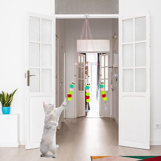 WishLotus Interactive Cat Toys, 2 PCS Retractable Hanging Door Self-Playing Cat Feather Toy, Soft and Cute Caterpillar Cat Toy with String, Sticky Hook and Bell for Cat Playing and Killing Time (A)