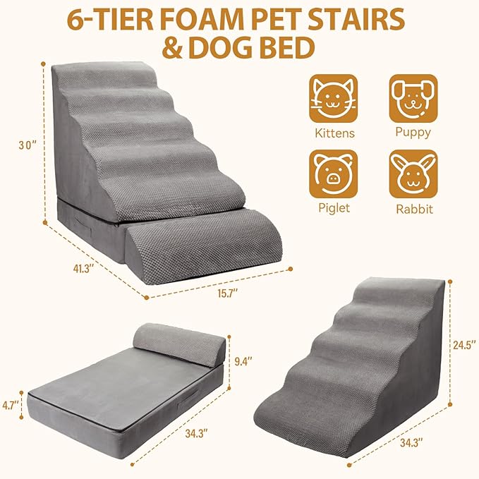 A.FATI 3-in-1 Dog Stairs for High Bed 30-36 Inches, 30D High Density Foam Pet Steps with, Non-Slip Dog Ramp for Small/Old/Short-Legged Dogs, Detachable Cover