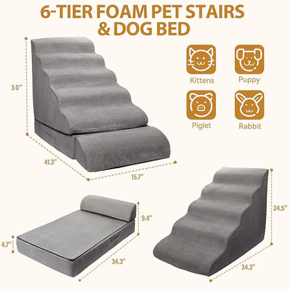 A.FATI 3-in-1 Dog Stairs for High Bed 30-36 Inches, 30D High Density Foam Pet Steps with, Non-Slip Dog Ramp for Small/Old/Short-Legged Dogs, Detachable Cover