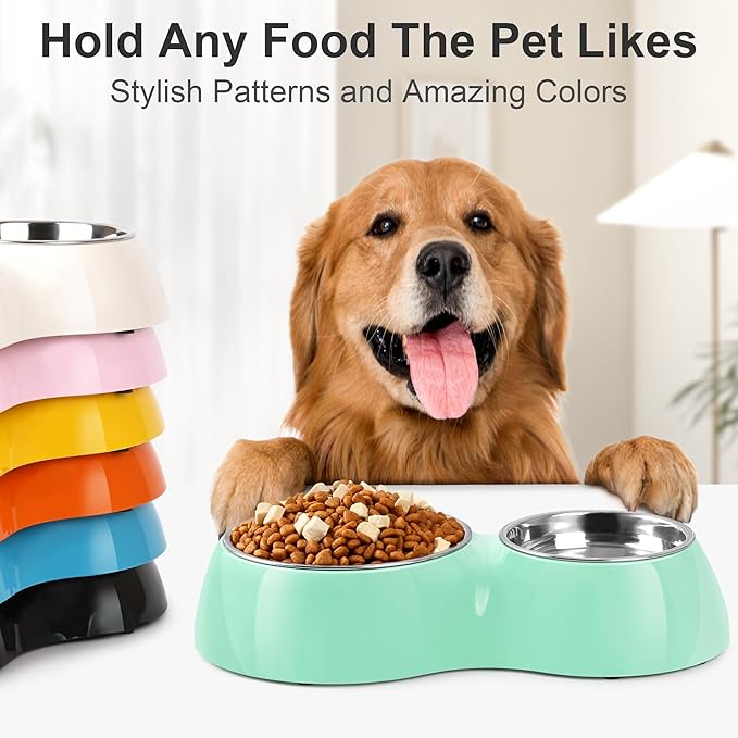 Elevated Dog Bowls Set - Non-Slip Raised Pet Feeder with Medium (2 Cups) & Large (4 Cups) Stainless Steel Bowls - Includes Durable Resin Stand for Corgi Puppies and Adult Cats - Green