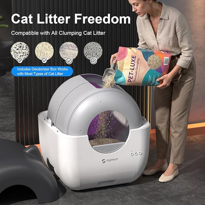 Self Cleaning Litter Box,76L Automatic Cat Litter Box Self Cleaning with APP Control,Low Noise,Safety Protection,Roll Garbage Bags,Deodorizer and Cleaning Brush for Multiple Cats