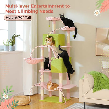 Flower Cat Tree Tall 70.8" for Adult Indoor Cats, 8-Levels Large Cat Tower with 8 Sisal Posts, 2 Hammocks, 2 Condos, Big Perch & 3 Pom Poms for Multi-Cats Household – Carpet Pink