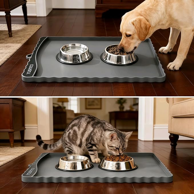 Dog Food Mat 20" x 15", Waterproof Silicone Pet Feeding Mat with Raised Edge & Residue Pocket, Non-Slip Bowl Mat for Dog Cat Food and Water, Easy to Clean Floor Protector