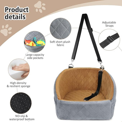 NEEZUKAR Dog Car Seat for Small Medium Dogs,Detachable Washable Dog Booster Seat Under 30lbs, Pet Car Seat Travel Bed with Storage Pockets and Dog Safety Belt(Grey/Brown)