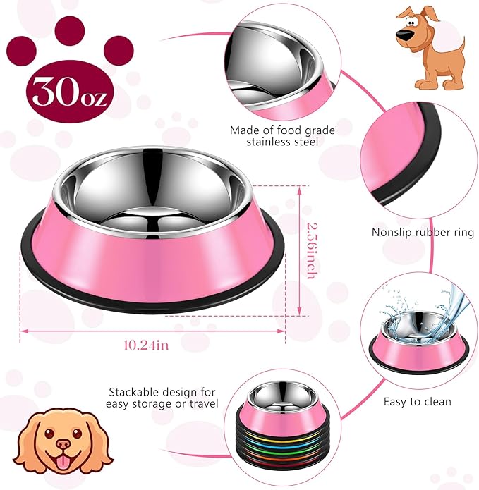Roshtia 6 Pcs 30 oz Stainless Steel Dog Bowl, Dog Food Water Bowl with Anti Skid Silicone Base Stackable Dishwasher Safe Pet Puppy Dishes for Medium Large Dogs Cat Multipet Families