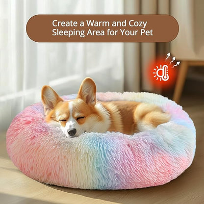 JOLLYVOGUE Calming Dog Bed Medium Size Dog, 31in Donut Washable Medium Pet Bed, Anti-Slip & Anti-Anxiety Fluffy Faux Fur Round Dogs Bed, Fits up to 45 lbs Pets (Rainbow)