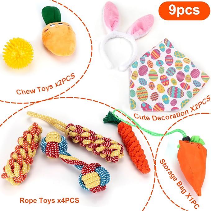BABORUI 9PCS Easter Dog Toys Set - Interactive Dog Chew Rope Toys & Squeaky Dogs Toys & Dogs Easter Outfit, Dog Easter Toys Gift for Puppy/Small/Medium/Large