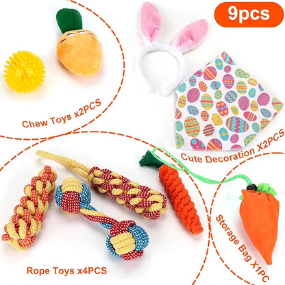 BABORUI 9PCS Easter Dog Toys Set - Interactive Dog Chew Rope Toys & Squeaky Dogs Toys & Dogs Easter Outfit, Dog Easter Toys Gift for Puppy/Small/Medium/Large