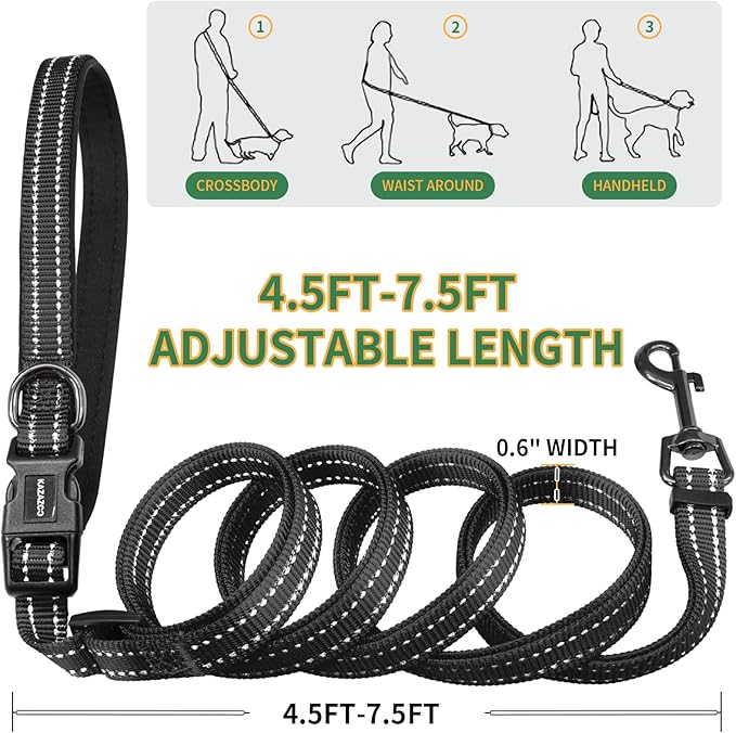 Kazazoo Hands-Free Dog Leash with Poop Bag Holder, Adjustable 4-7 Ft Waist for Dog Walking, Running for Small & Medium Dogs with Reflective Strips, Nylon Waist Belt, Black