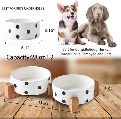 Petygooing Dog Bowls Ceramic, Cat Dog Bowl Set with Wood Stand for Food and Water,Non-Slip Cute Modern Pet Dishes for Cats Medium Size Dogs (28OZ/6.1 in) Black Dot