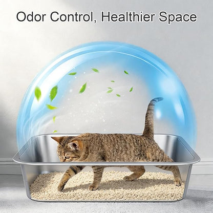 X-Large Stainless Steel Litter Box with High Sided, Metal Cat Litter Box, Odor-Free Non-Stick Litterbox Pan, Easy to Clean Pet Supplies Toilet Tray for Indoor Cats, Kittens or Multicat Homes