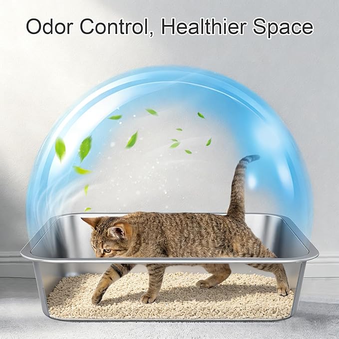 Stainless Steel Litter Box with High Sided, Metal Cat Litter Box, Odor-Free, Non-Stick Litterbox Pan, Easy to Clean Pet Supplies Toilet Tray for Indoor Cats, Kittens or Multicat Homes