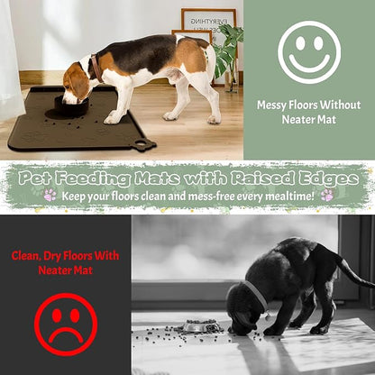 Dog Food Mat, Silicone Pet Feeding Mat With Residue Collection Pocket - Waterproof Bowl Mat for Cats and Dogs, Raised Edges, Hooks, Placemats for Food and Water