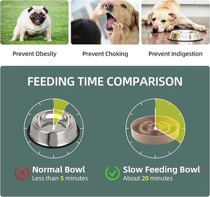 Ceramic Raised Slow Feeder Dog Bowl Set, Elevated 7.3inch Bowl and 8.2inch Puzzle Slow Dish with Wooden Stand for Medium and Large Dog, Anti-Gulping (2X Brown Coffee+ Stand)