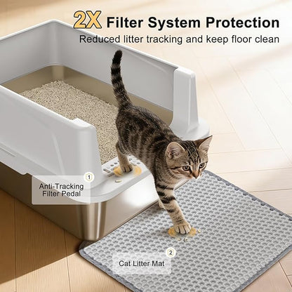 FURTIME Stainless Steel Cat Litter Box with Lid, Metal Kitty Litter Box for Small Cats, Kitten Litter Boxs with Scoop and Mat, Non-Sticky, Anti-Leakage, Easy to Clean, 17"x13"x8.4" (Small)
