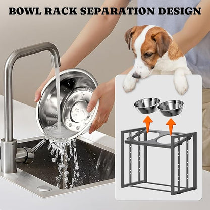 Elevated Dog Bowls for Medium Breed: 4 Height Adjustable Raised Dog Bowl Feeder Station with 2 Stainless Steel Bowls, Grey