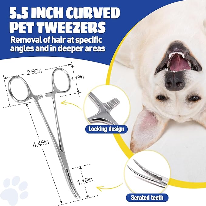 Updated Dog Ear Powder for Hair Removal,Ear Powder for Dogs Plucking with 5.5inch Hemostat Locking Forceps Curved, Removing Earwax and Odor