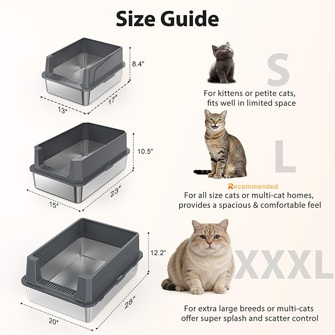 FURTIME XXXL Extra Large Stainless Steel Litter Box with Lid, Large Cat Litter Box for Big Cat, Large Metal Cat Box with High Sided, Non-Stick, Easy Cleaning, Includes Scoop and Mat