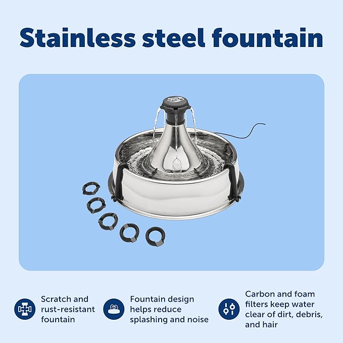 PetSafe Drinkwell Stainless Steel 360 Multiple Pet Fountain - Scratch and Rust Resistant Automatic Water Dispenser for Cats or Dogs - Adjustable Flow Control - 128 Ounce (3.8 Liter) - Filters Included