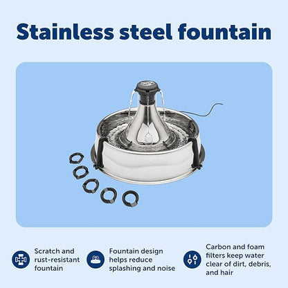 PetSafe Drinkwell Stainless Steel 360 Multiple Pet Fountain - Scratch and Rust Resistant Automatic Water Dispenser for Cats or Dogs - Adjustable Flow Control - 128 Ounce (3.8 Liter) - Filters Included