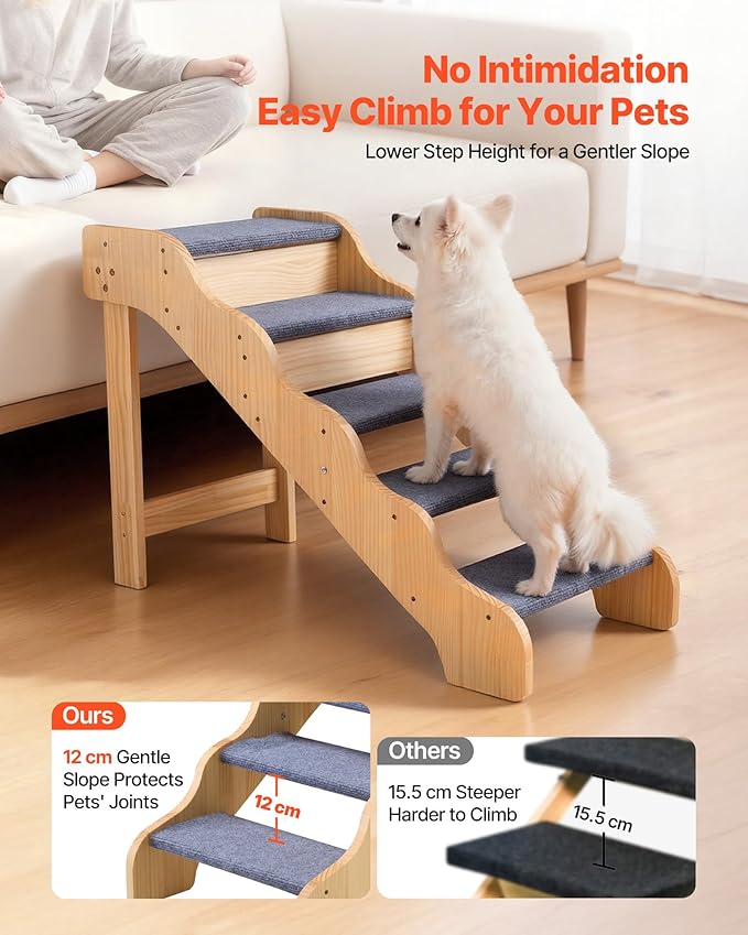VEVOR Wood Pet Stairs, 5-Step Dog Stairs for High Beds, Sofa & Cars, 150lbs Load Capacity, Non-Slip Surface, Stable Cat & Dog Step Ladder for Small Medium Large Older Pet Puppy Essentials