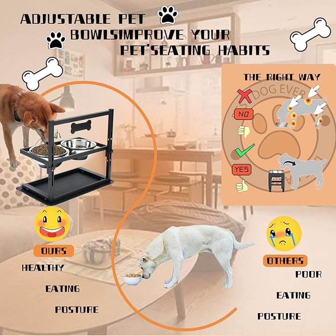 Elevated Dog Bowls, Raised Stand for Large and Medium Dogs, Adjustable Height With Two 58oz Stainless Steel Food Bowls and Spill Proof Mat