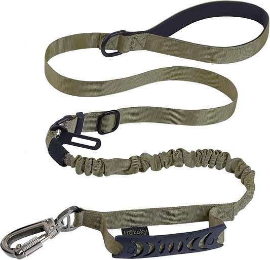 Hotsky Tactical Dog Leash Heavy Duty for Medium Large Dogs that Pull,4-6Ft Strong Bungee Shock Absorbing No Pull Dog Leash with Padded Double Handle and Car Seatbelt,Army Green