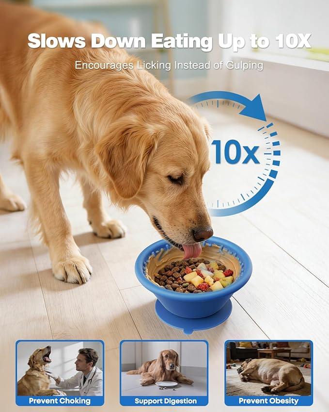 Slow Feeder Dog Bowl with Suction Cup & Reinforced Rim, 3-Cup Puzzle Maze Dog Lick Bowl for Anxiety Relief, Anti-Choking & Non-Slip, BPA-Free Silicone, for Small to Large Breeds (Blue)
