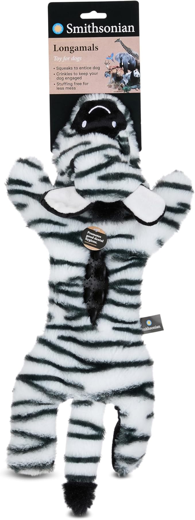 Smithsonian Longamals Zebra Plush Dog Toy – 20" Crinkle & Squeaky, Stuffing-Free Interactive Tug Toy for Medium & Large Dogs