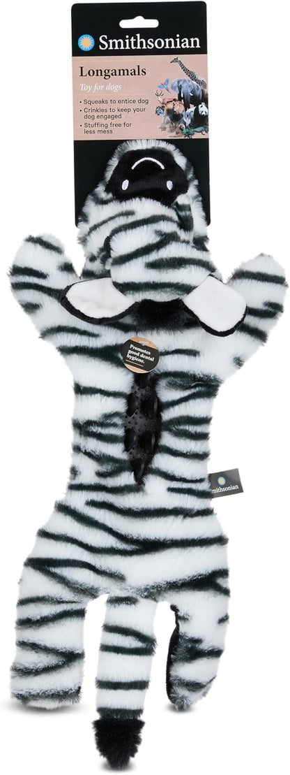 Smithsonian Longamals Zebra Plush Dog Toy – 20" Crinkle & Squeaky, Stuffing-Free Interactive Tug Toy for Medium & Large Dogs