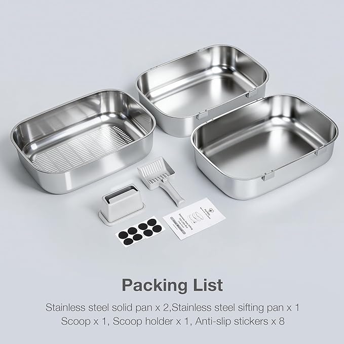 Triple Pan Stainless Steel Sifting Cat Litter Box, Large High Sided Metal Litter Box for Big Cats up to 20lbs, Odor-Free Non-Stick Easy Clean System, No Scooping Sifter Tray for Multi-Cat Homes