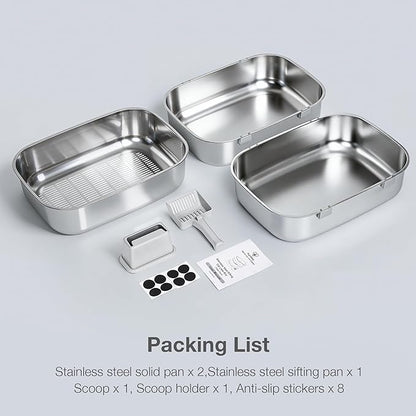 Triple Pan Stainless Steel Sifting Cat Litter Box, Large High Sided Metal Litter Box for Big Cats up to 20lbs, Odor-Free Non-Stick Easy Clean System, No Scooping Sifter Tray for Multi-Cat Homes