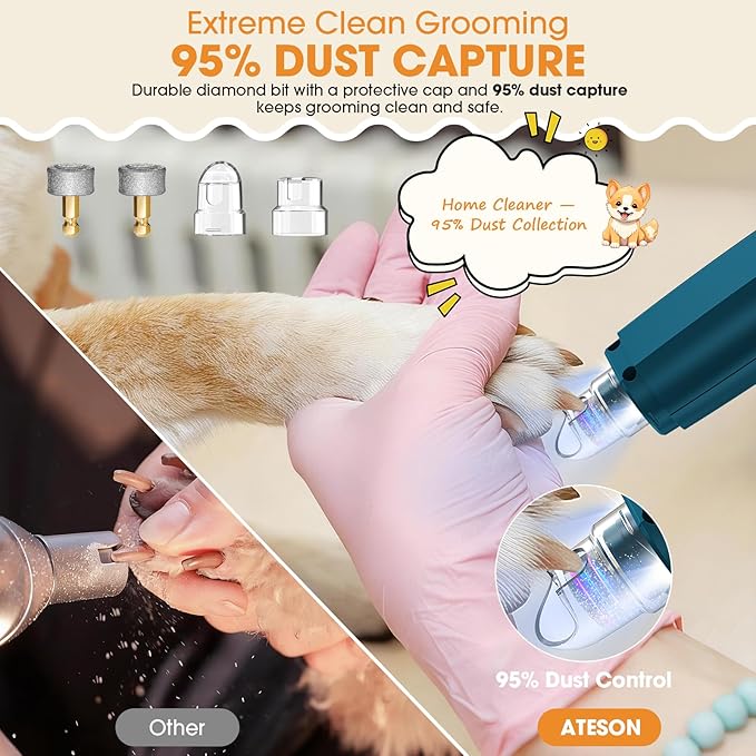 Dog Nail Grinder with LED Light, 6-Speed Quiet Electric Pet Nail Trimmers, Forward/Reverse, Powerful No-Stall Motor, 2000mAh Battery 8H Runtime, 95% Dust Capture for Dogs & Cats