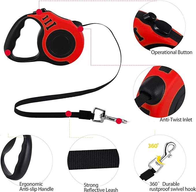 Retractable Heavy Duty Dog Leash - 16FT Red, Tangle-Free Nylon Tape, Anti-Slip Handle, with Waste Bag Dispenser for Small Dog or Cat up to 26 lbs