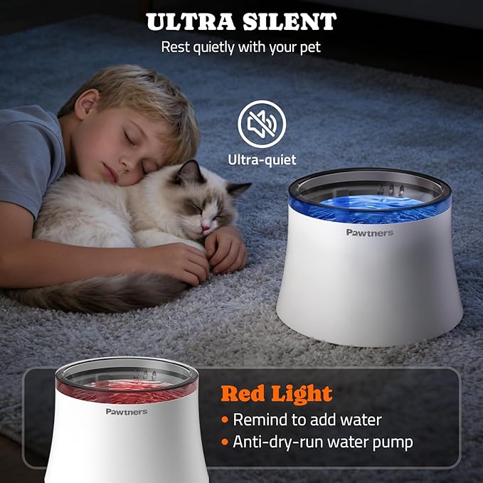 Pawtners Dog Water Fountain, 1 Gallon Dog Water Bowl Dispenser for Small Medium Large Cats, Automatic No Spill Dog Water Bowl with Vortex Filter, Deep Drinking Area and Quiet Pump