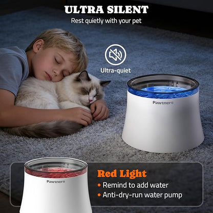 Pawtners Dog Water Fountain, 1 Gallon Dog Water Bowl Dispenser for Small Medium Large Cats, Automatic No Spill Dog Water Bowl with Vortex Filter, Deep Drinking Area and Quiet Pump