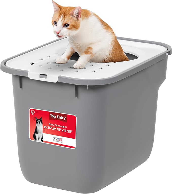 IRIS USA Large Cat Litter Box Top Entry with Lid, Enclosed Litter Box with Litter Catching Lid & Scoop, Covered Cat Litter Box Enclosure for Privacy, High Sided, Gray/White
