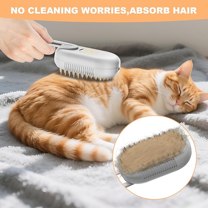 4-in-1 Rechargeable Cat & Dog Steam Brush for Shedding, Self-Cleaning Pet Groomer with Rotating Handle for Massaging & Hair Removal, for Long/Short Haired Pets (Beige)