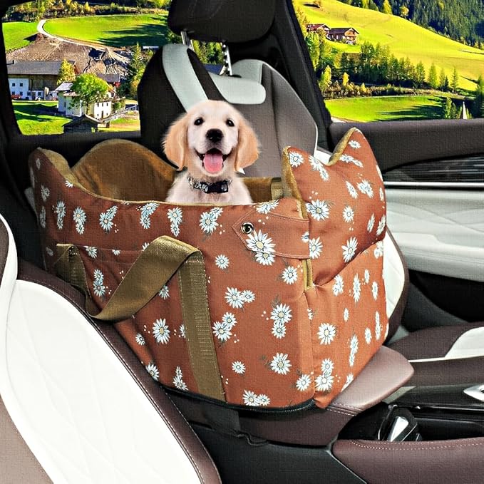 Cullaby Center Console Small Dog Car Seat Portable Puppy Booster Armrest Carseat, Anti-Collapse Comfort Car Travel with Washable Fluffy Cushion and Pillow (Coffee Color, Extar Small armrest lid)