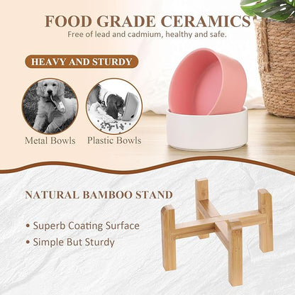 Ceramic Elevated Raised Cat Bowl with Wood Stand No Spill Pet Food Water Feeder Cats Small Dogs