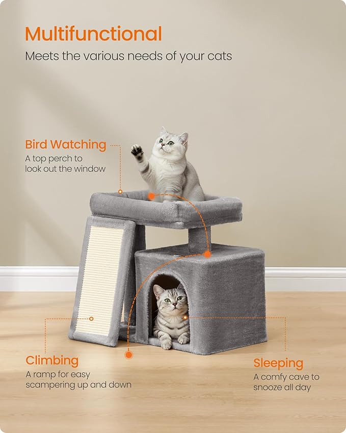 Feandrea Small Cat Tree, Cat Tower Condo, Scratching Ramp, Large Top Perch, Cave, 20.1 x 15.4 x 18.3 Inches, Dove Gray UPCT010GD02S