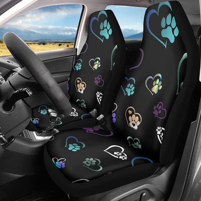 Colorful Heart Dog Paw Print Car Seat Covers Full Set of 2, Cloth Seat for Auto Front Seats, Black Bucket Seat Covers for Cars Washable and Breathable Car Accessories for Sedan Truck SUV